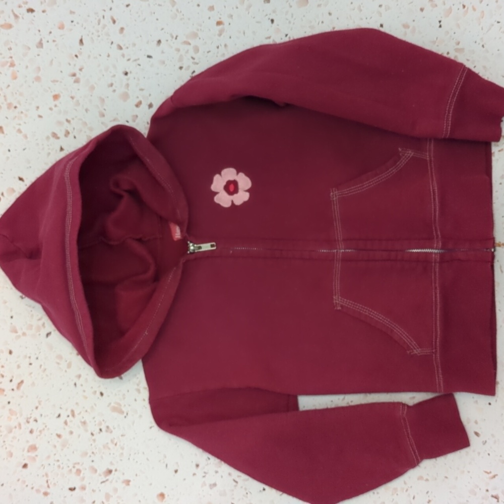 Hanes | Zipper Sweatshirt Hoodie Wine Color Pink Embroidered Flower | XS